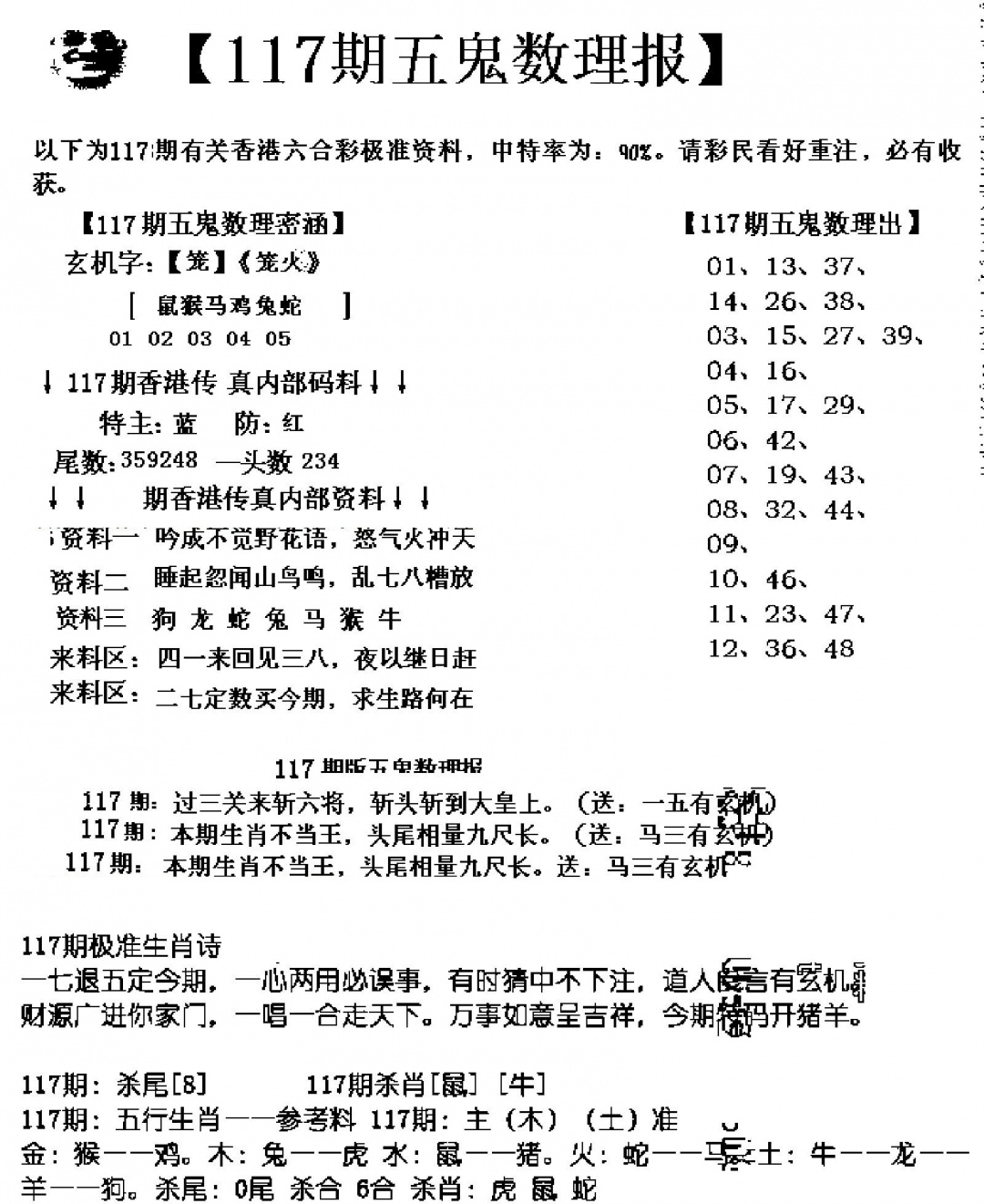 六合彩117期五鬼数理报