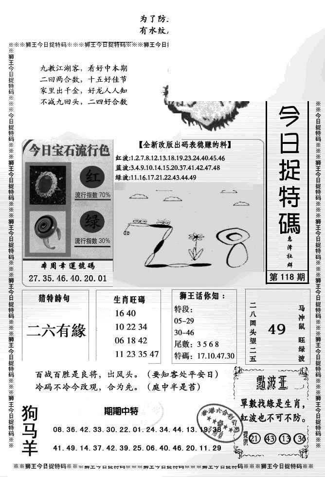 六合彩118期狮王今日抓特码