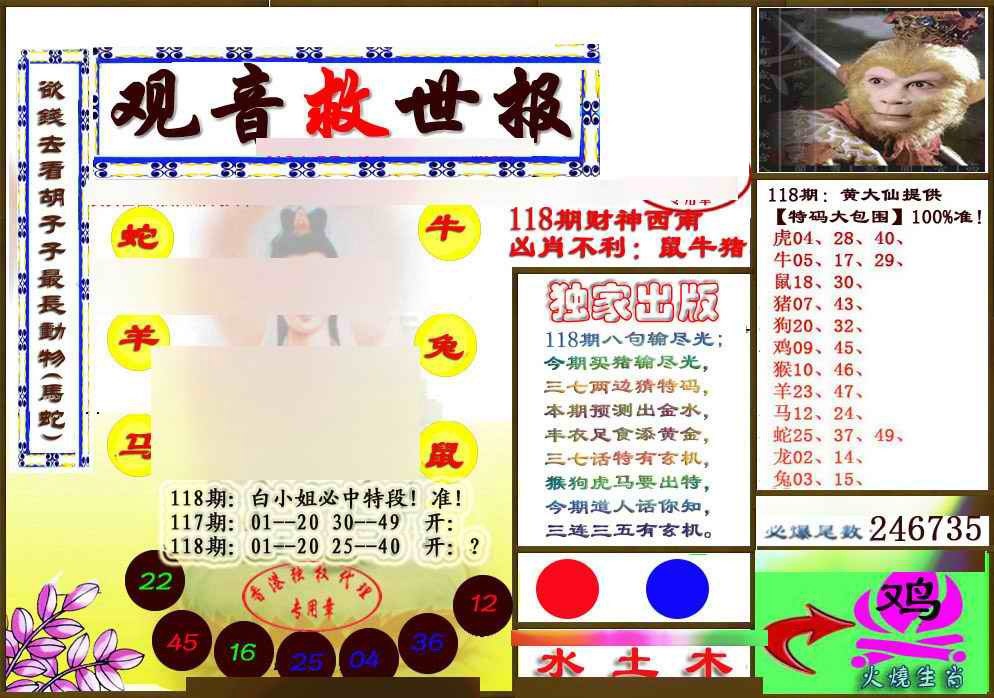 六合彩118期(另版)观音救世密报