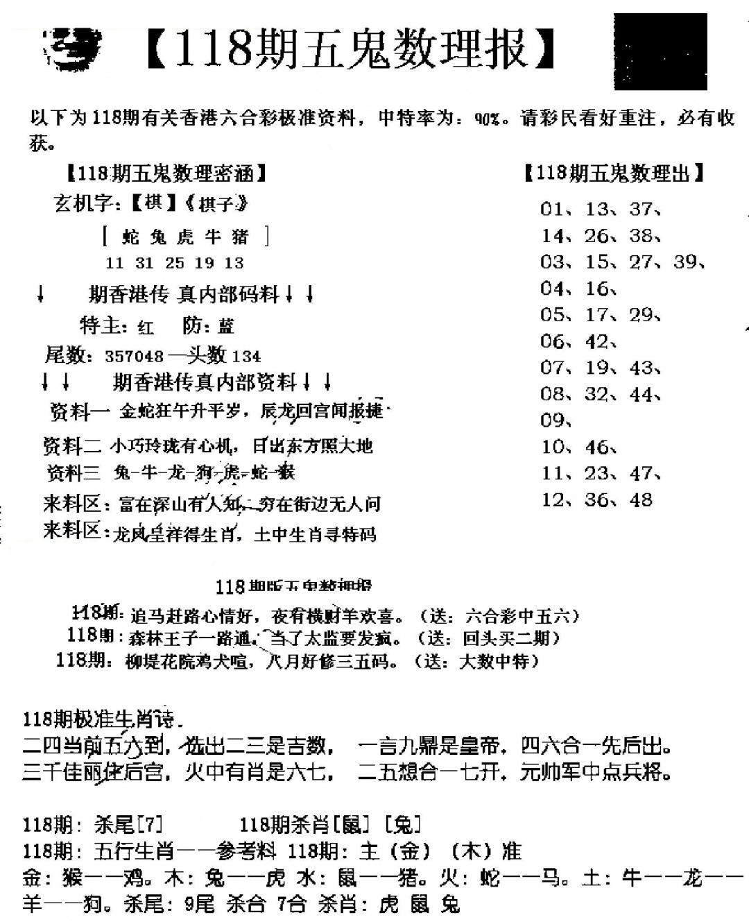 六合彩118期五鬼数理报