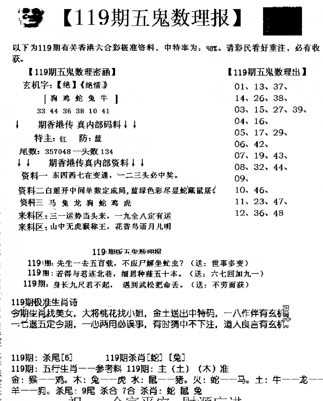 六合彩119期五鬼数理报