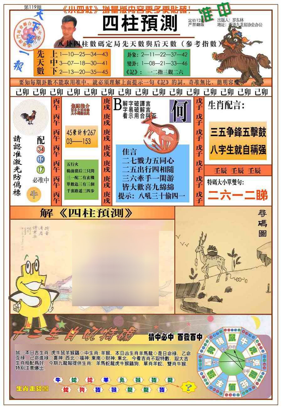 六合彩119期(新版)四柱预测A