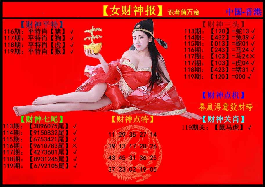 六合彩119期女财神报