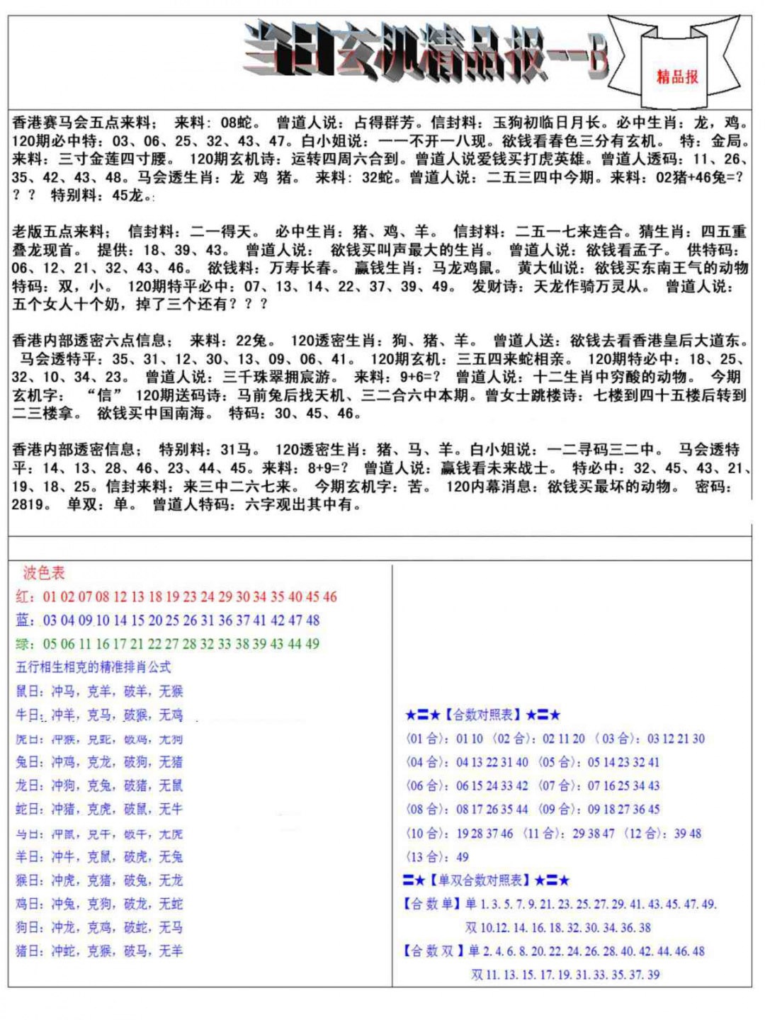 六合彩120期当日玄机精品报B