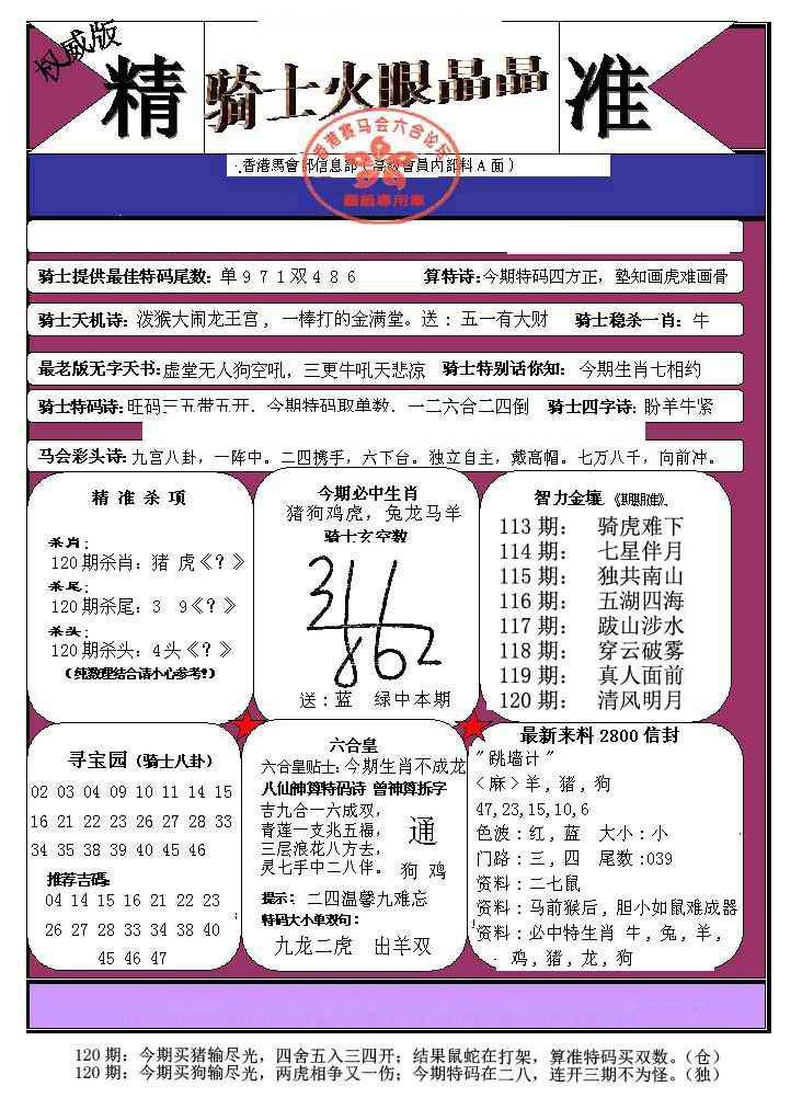 六合彩120期骑士火眼晶晶（正）