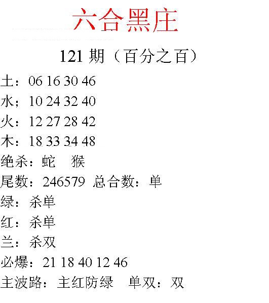 六合彩121期六合黑庄
