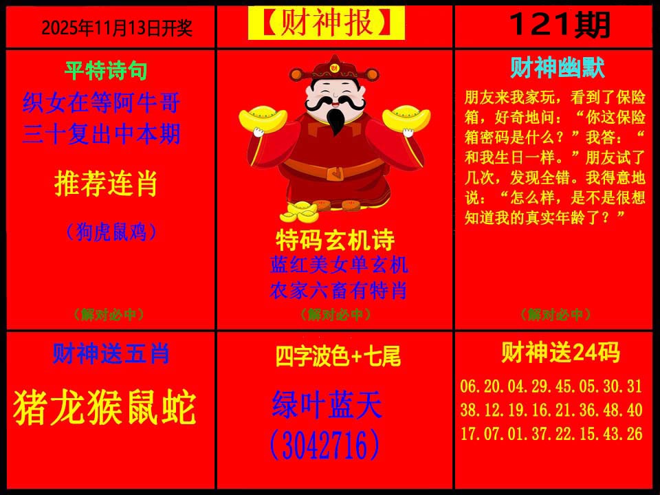 六合彩121期财神报