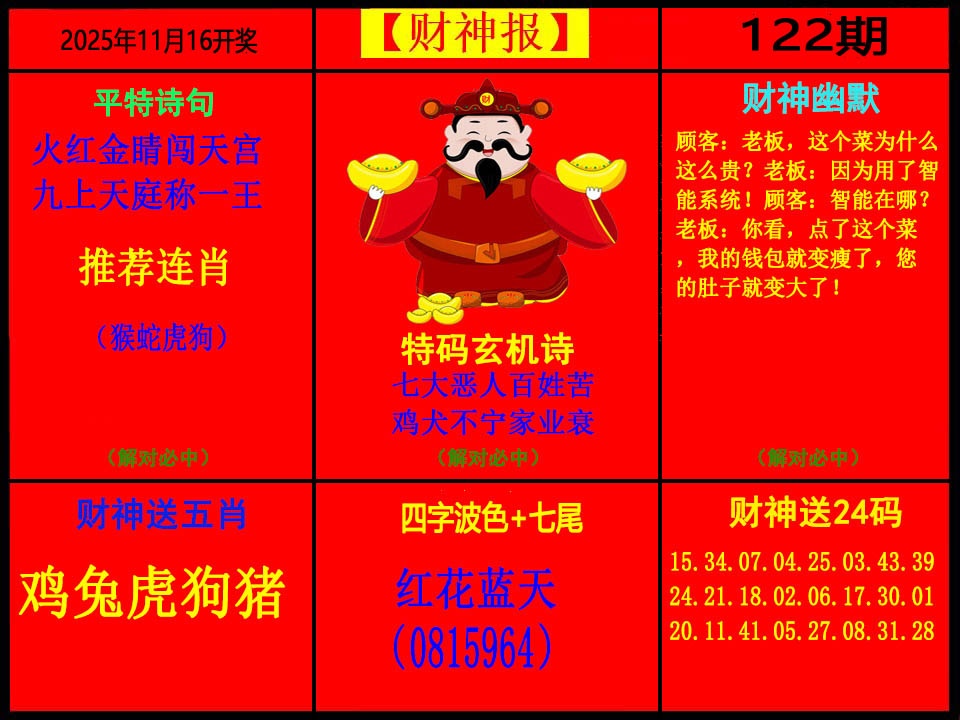 六合彩122期财神报