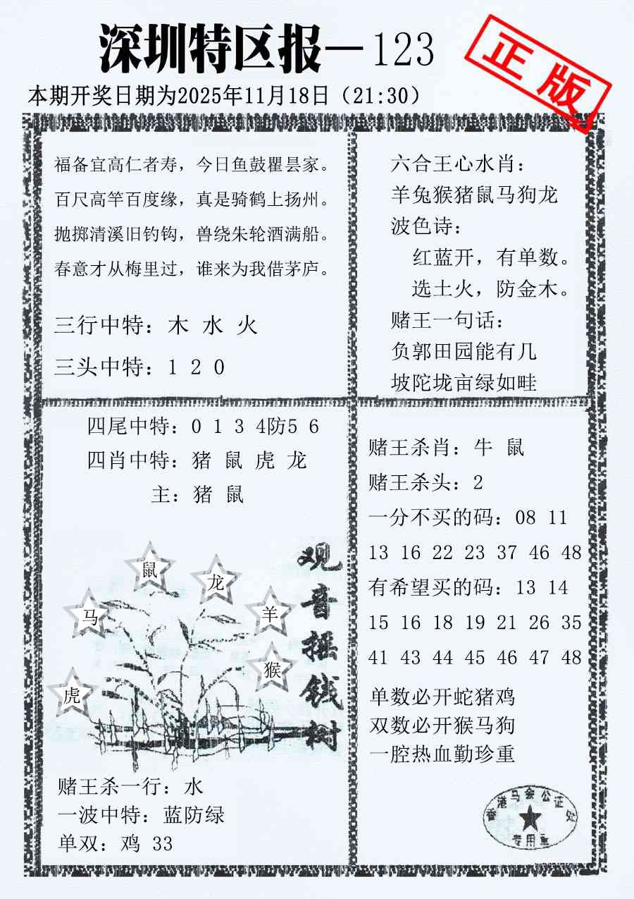 六合彩123期深圳特区报A