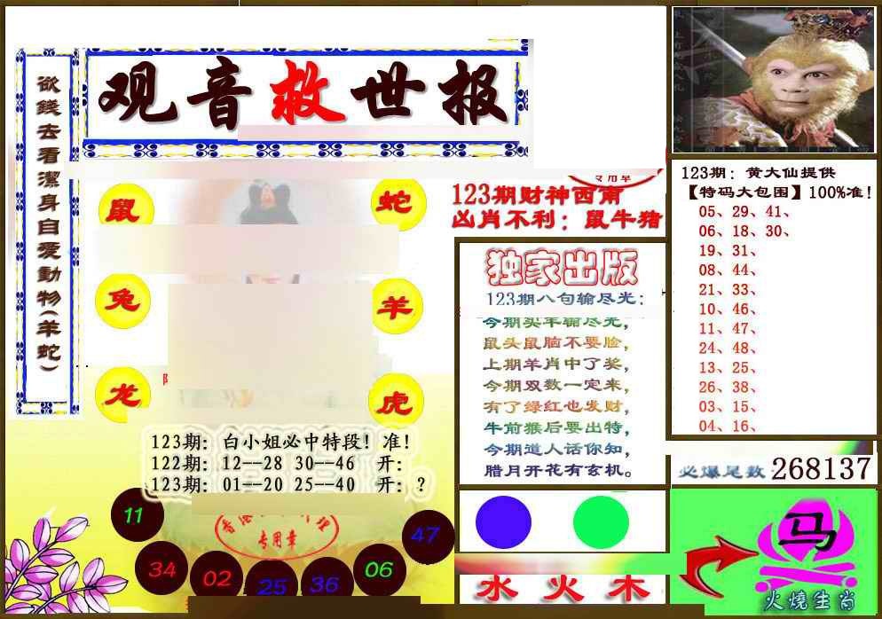 六合彩123期(另版)观音救世密报