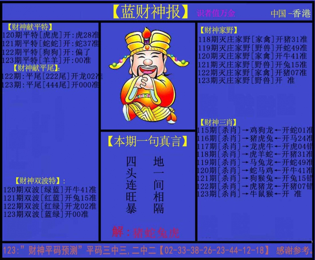 六合彩123期蓝财神