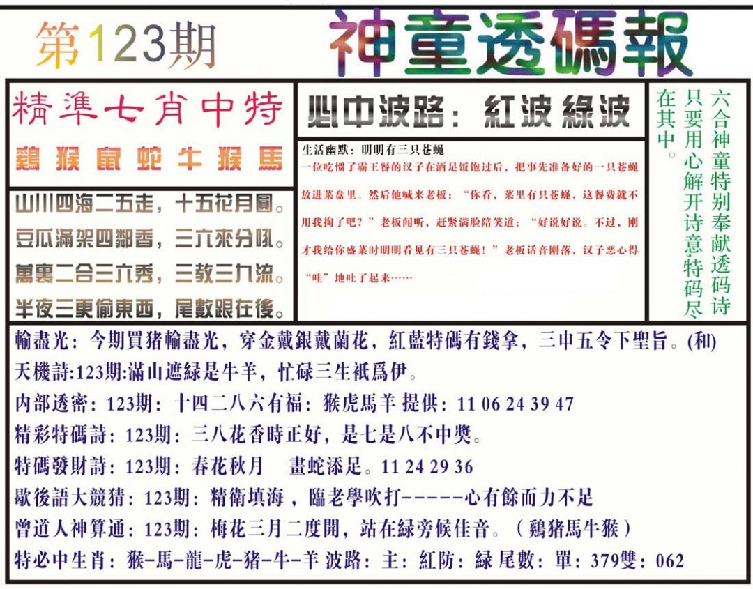 六合彩123期神童透码报(正版)