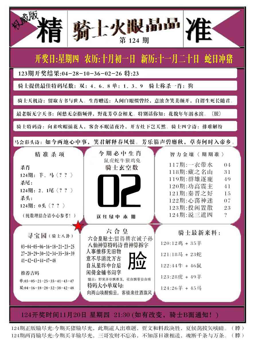 六合彩124期骑士火眼晶晶b