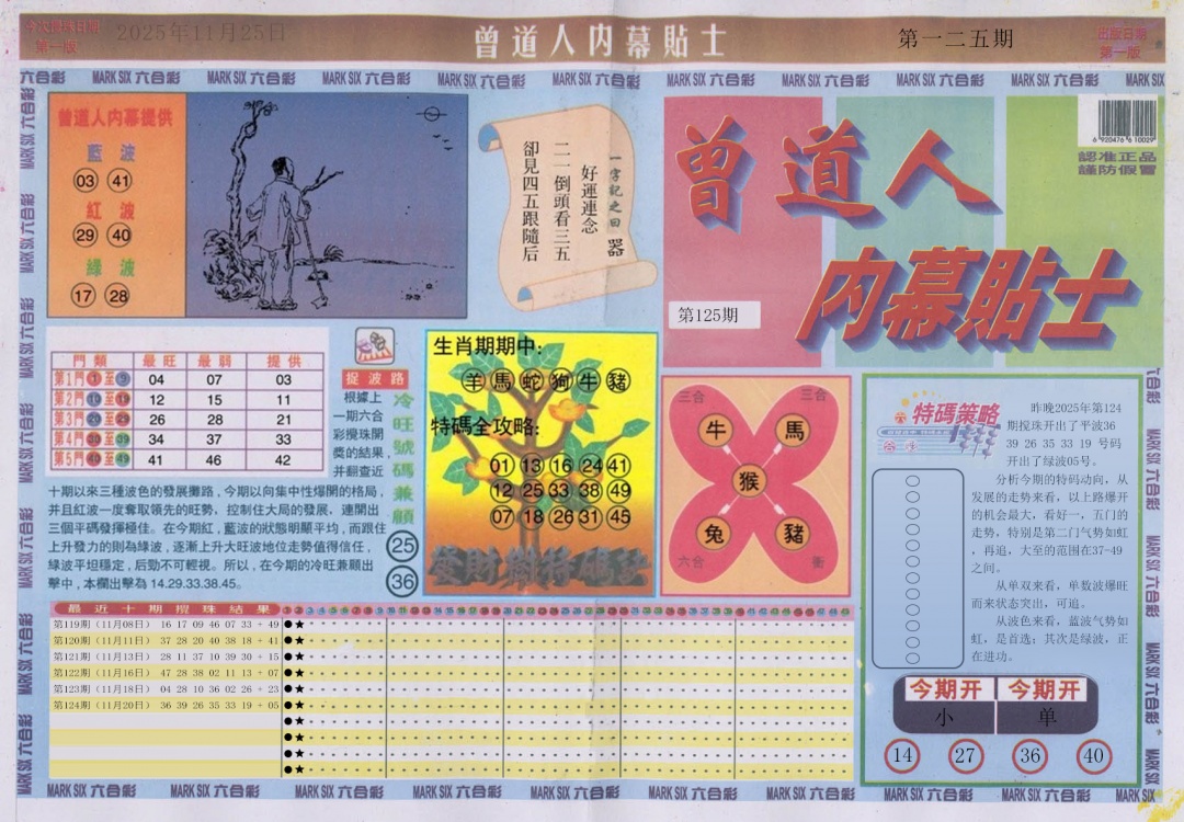 六合彩125期曾道人内幕贴士A