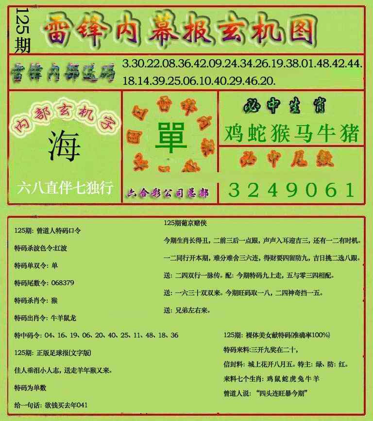 六合彩125期雷锋玄机报(新上市)