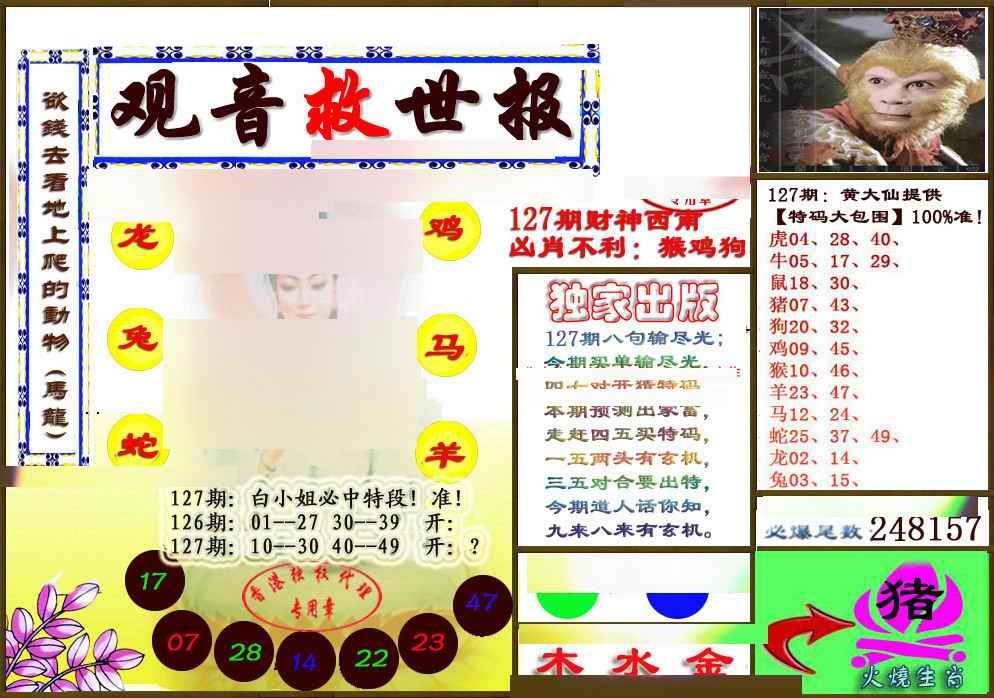 六合彩127期(另版)观音救世密报