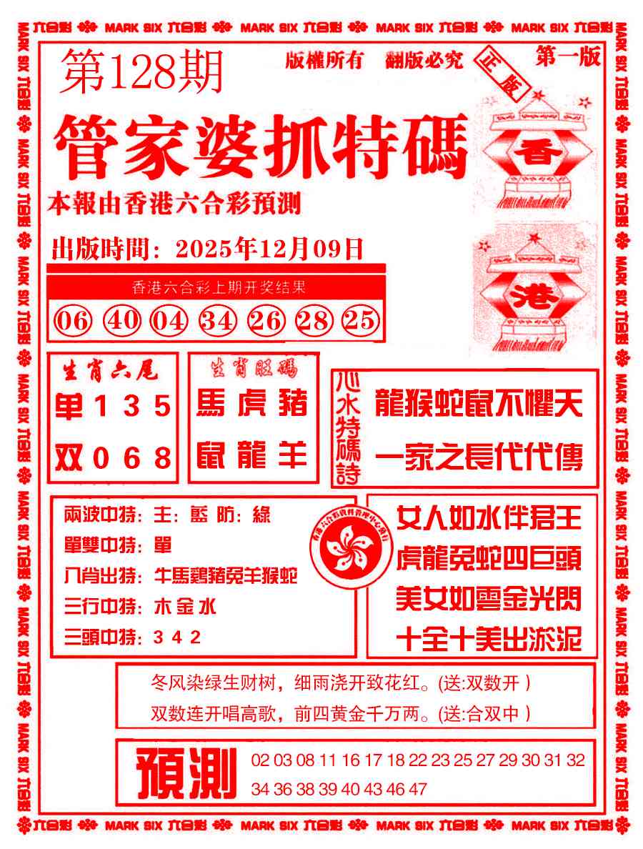 六合彩128期管家婆抓特码A