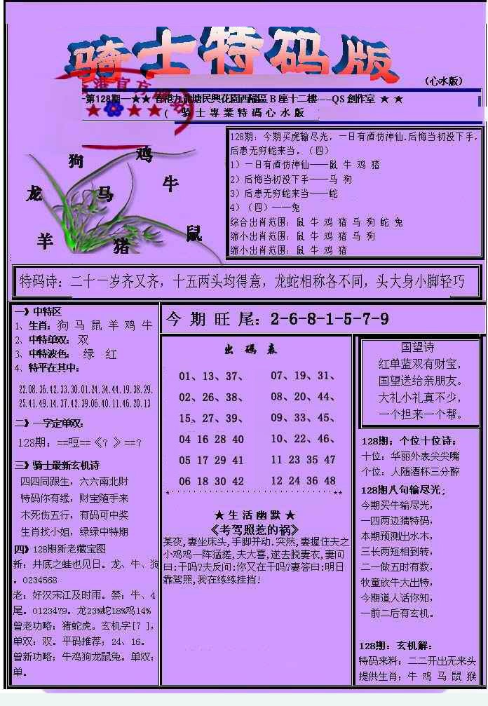 六合彩128期另骑士特码版