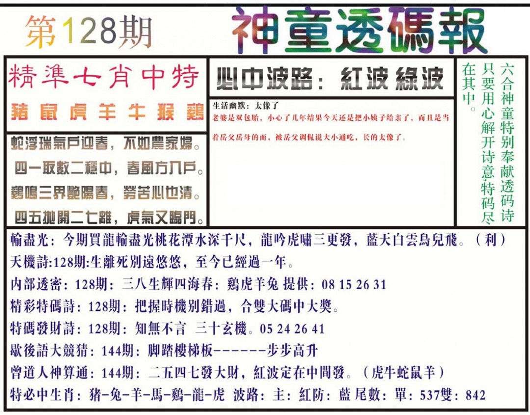 六合彩128期神童透码报(正版)