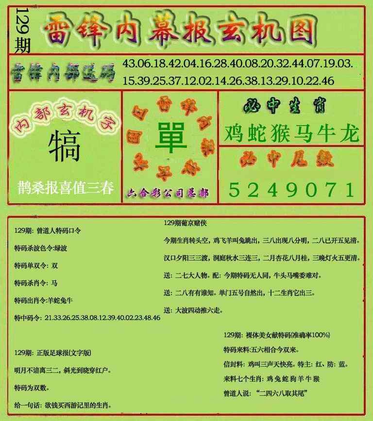六合彩129期雷锋玄机报(新上市)