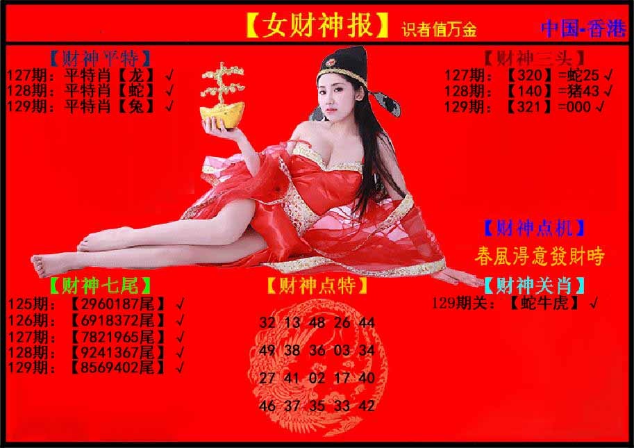 六合彩129期女财神报