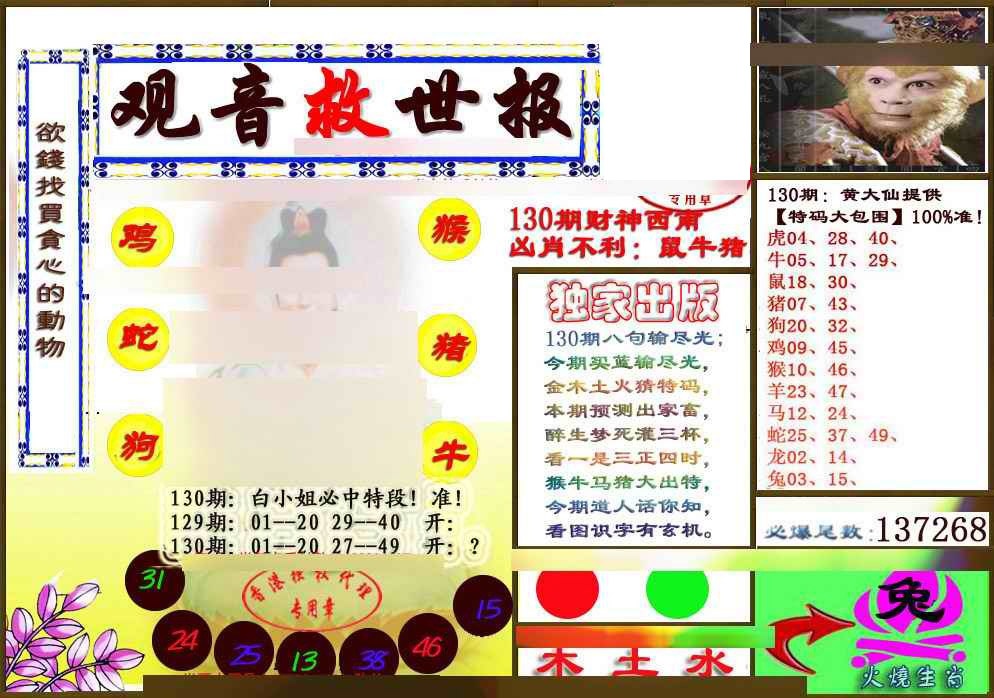 六合彩130期(另版)观音救世密报