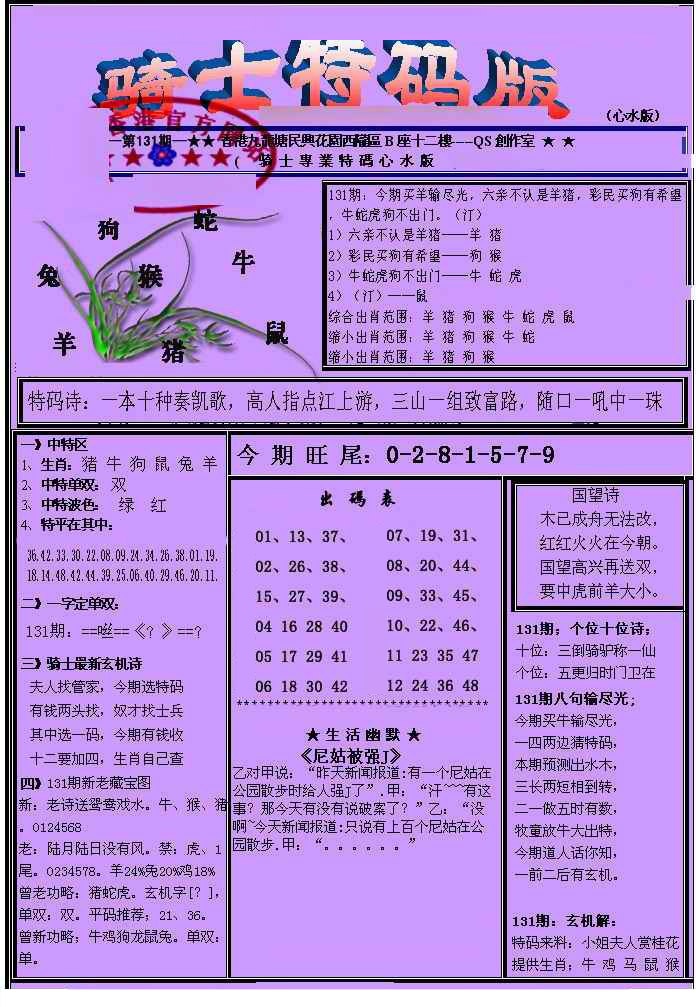 六合彩131期另骑士特码版