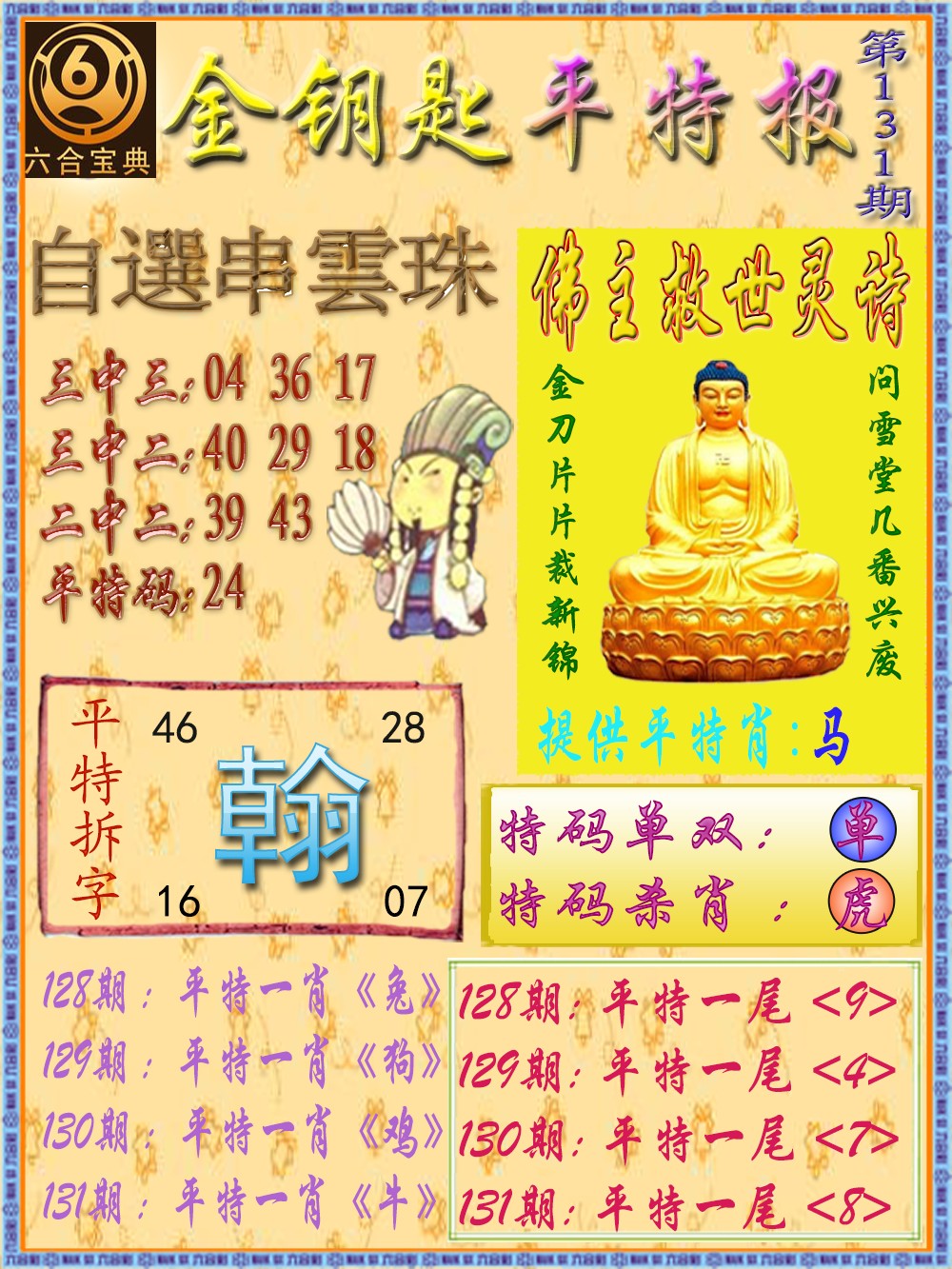 六合彩131期金钥匙平特报