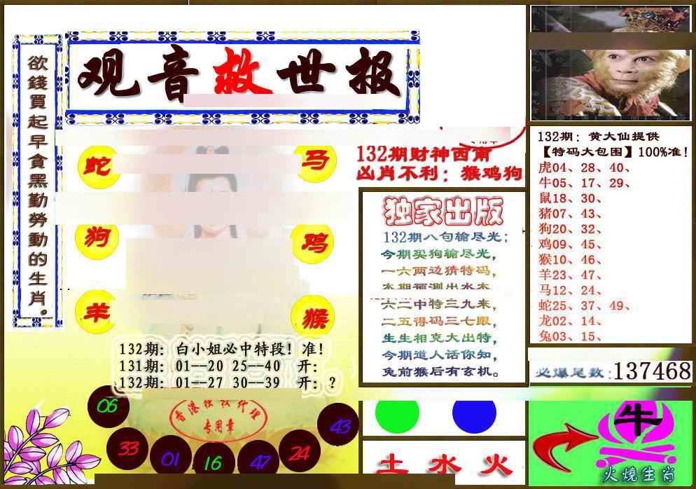 六合彩132期(另版)观音救世密报