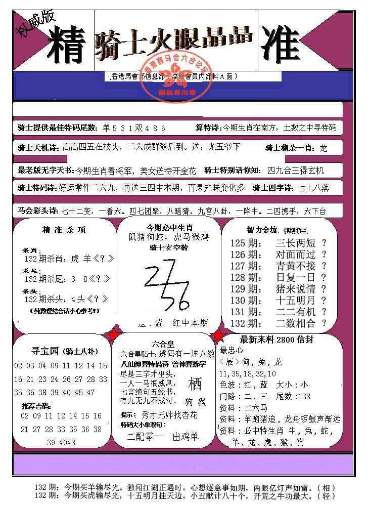 六合彩132期骑士火眼晶晶（正）