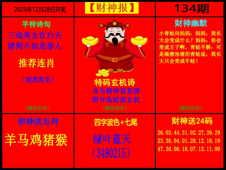 六合彩134期财神报