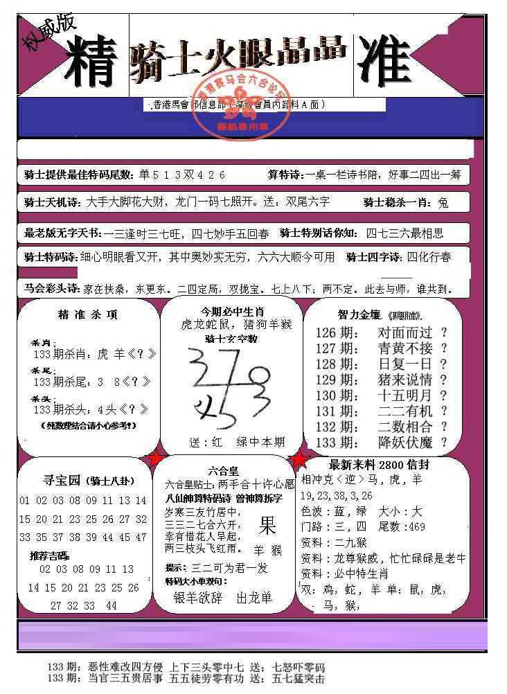 六合彩134期骑士火眼晶晶（正）