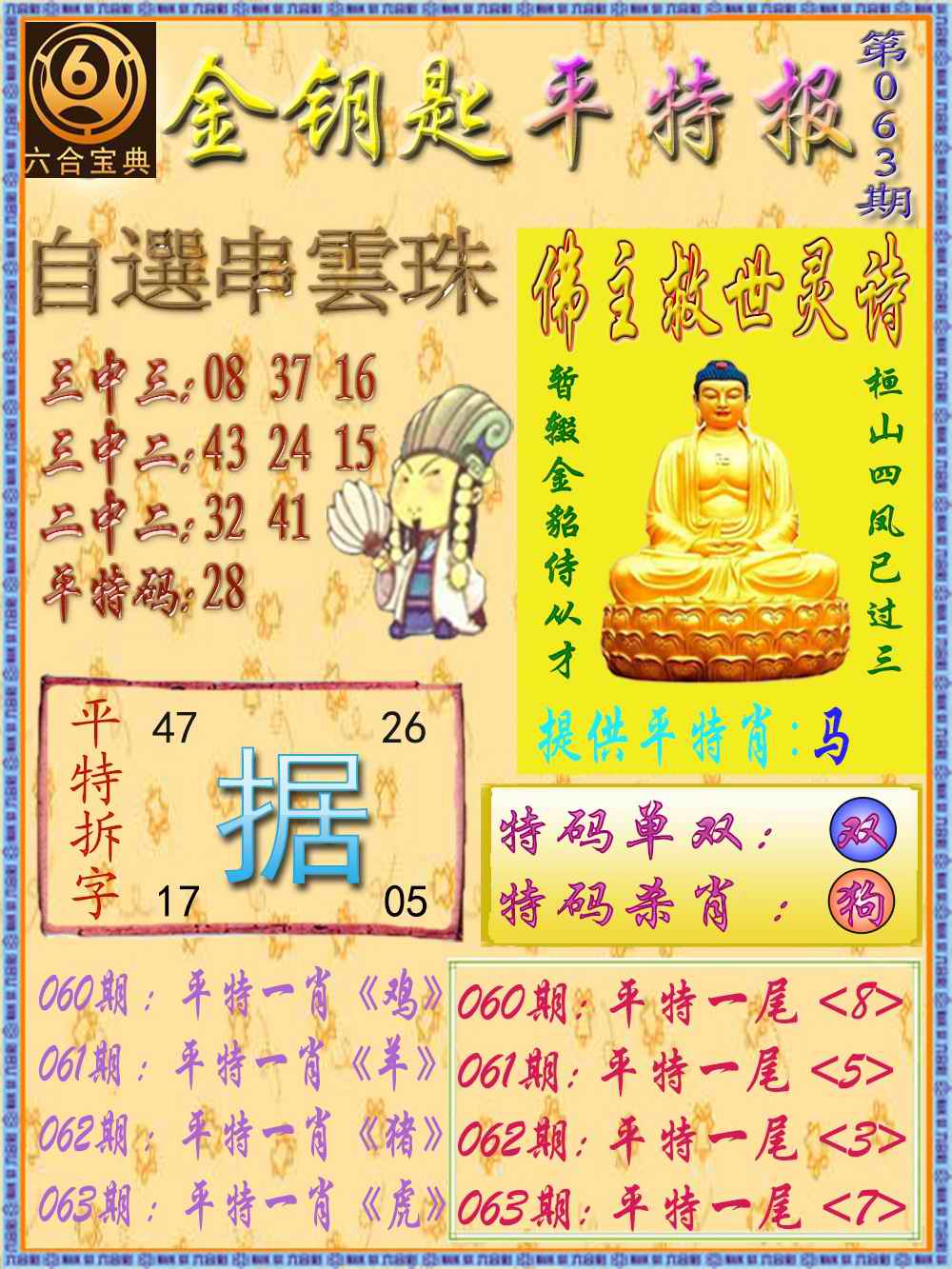六合彩063期金钥匙平特报