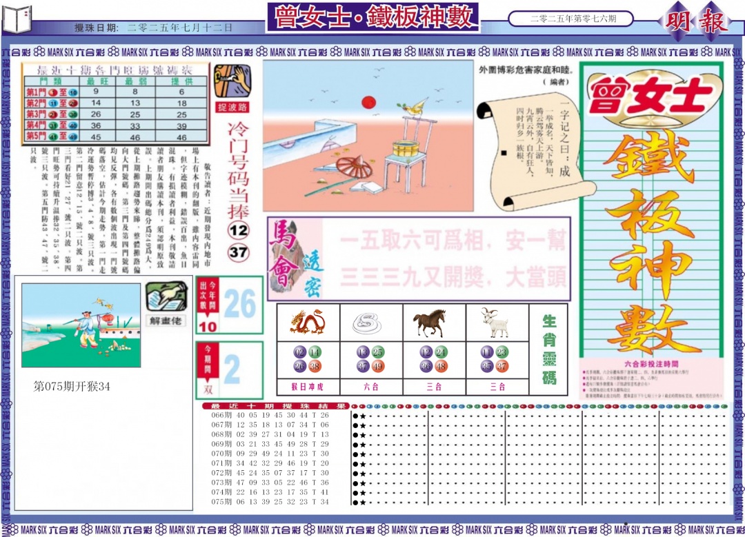 六合彩076期曾女士铁板神数A