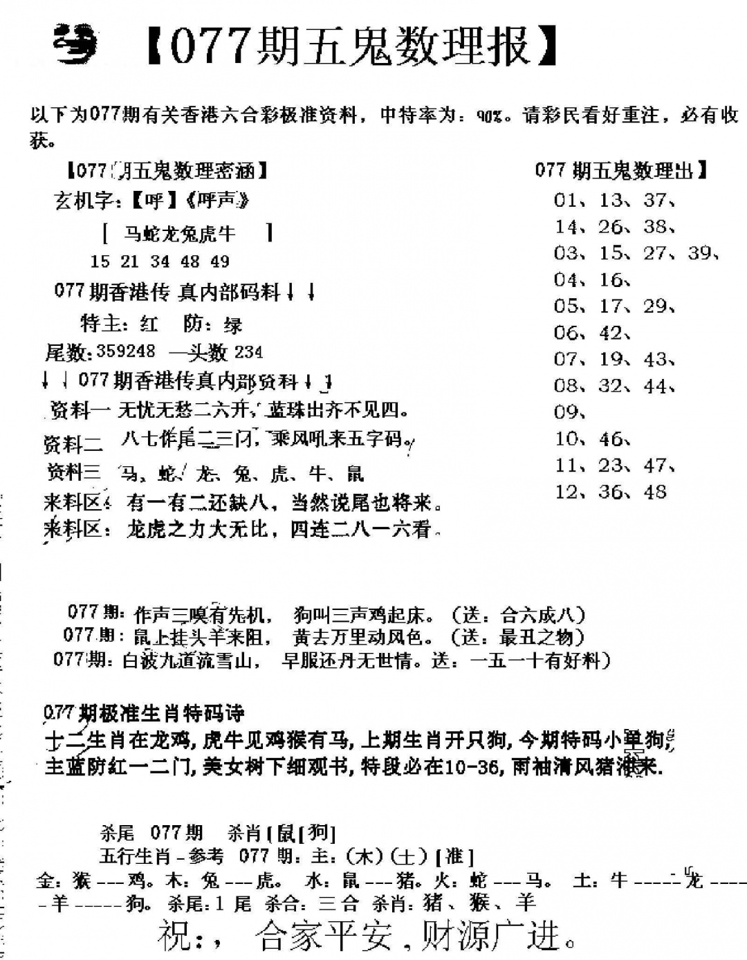 六合彩077期五鬼数理报