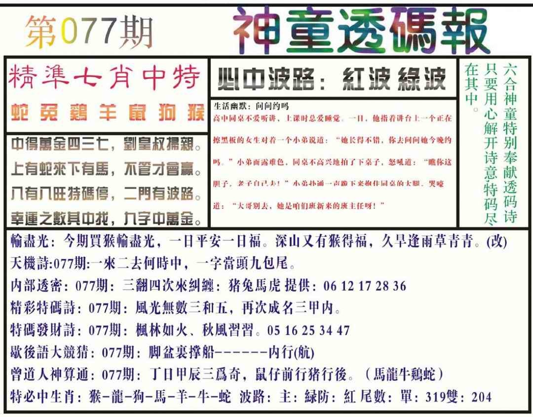 六合彩077期神童透码报(正版)