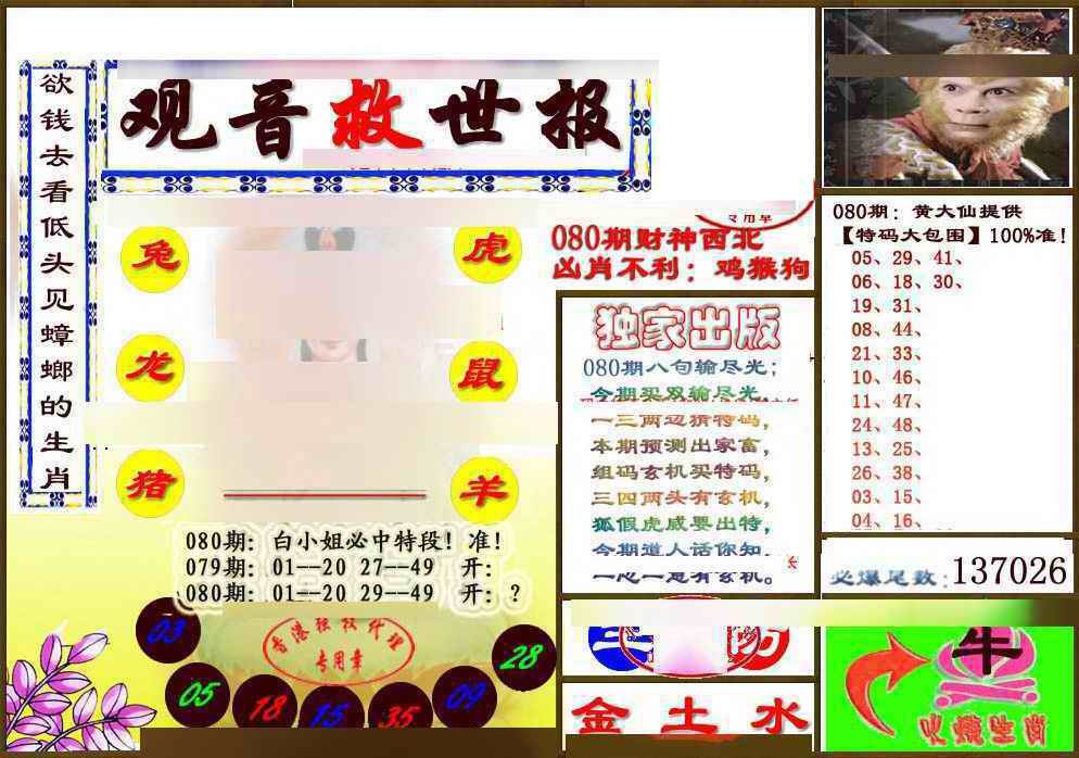 六合彩080期(另版)观音救世密报
