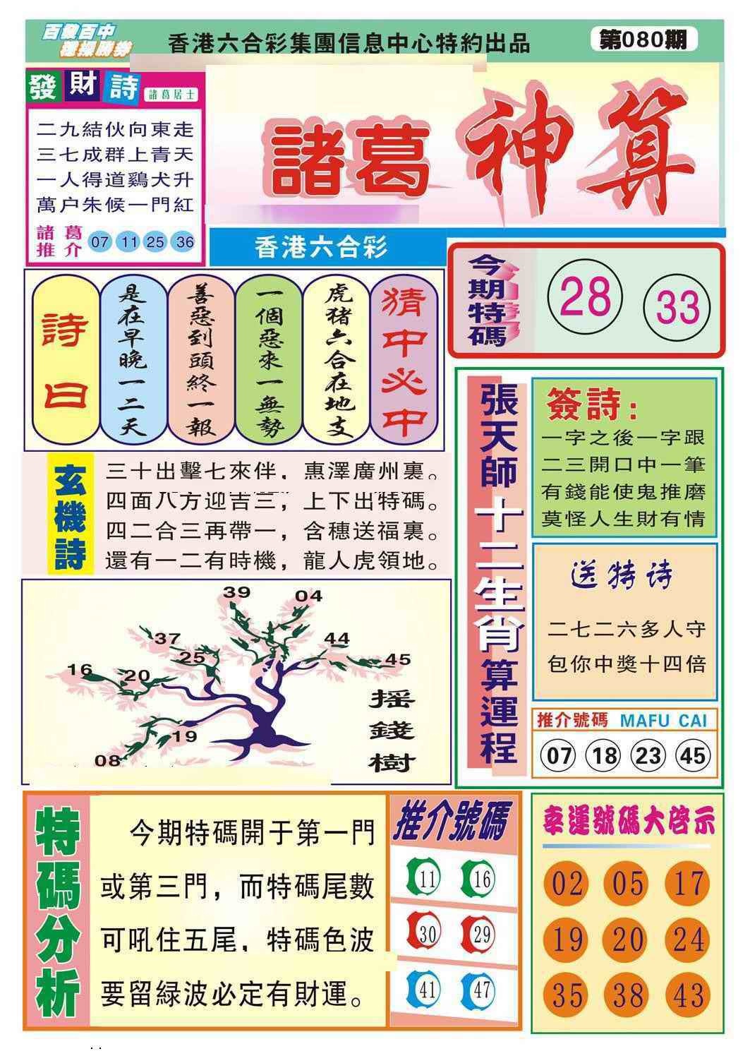 六合彩080期诸葛神算