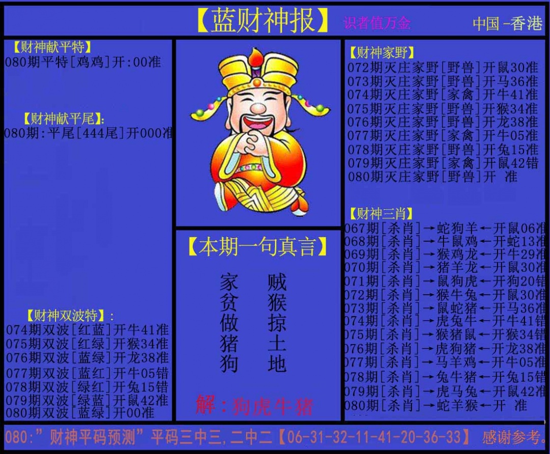 六合彩080期蓝财神