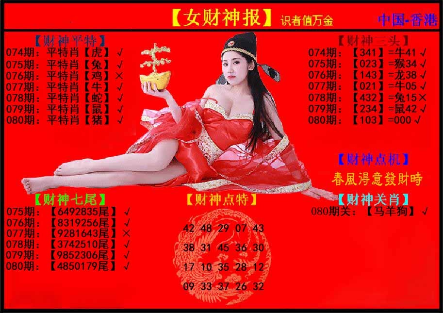 六合彩080期女财神报