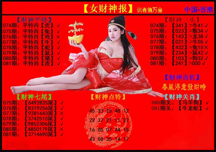 六合彩081期女财神报