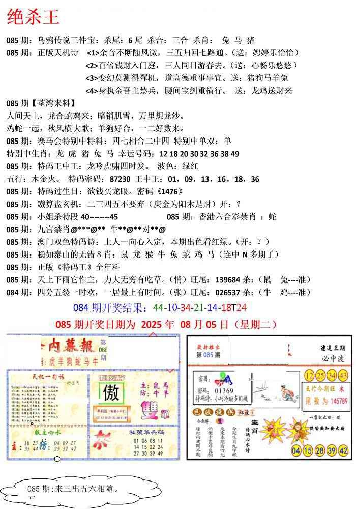 六合彩085期蓝天报(绝杀王)