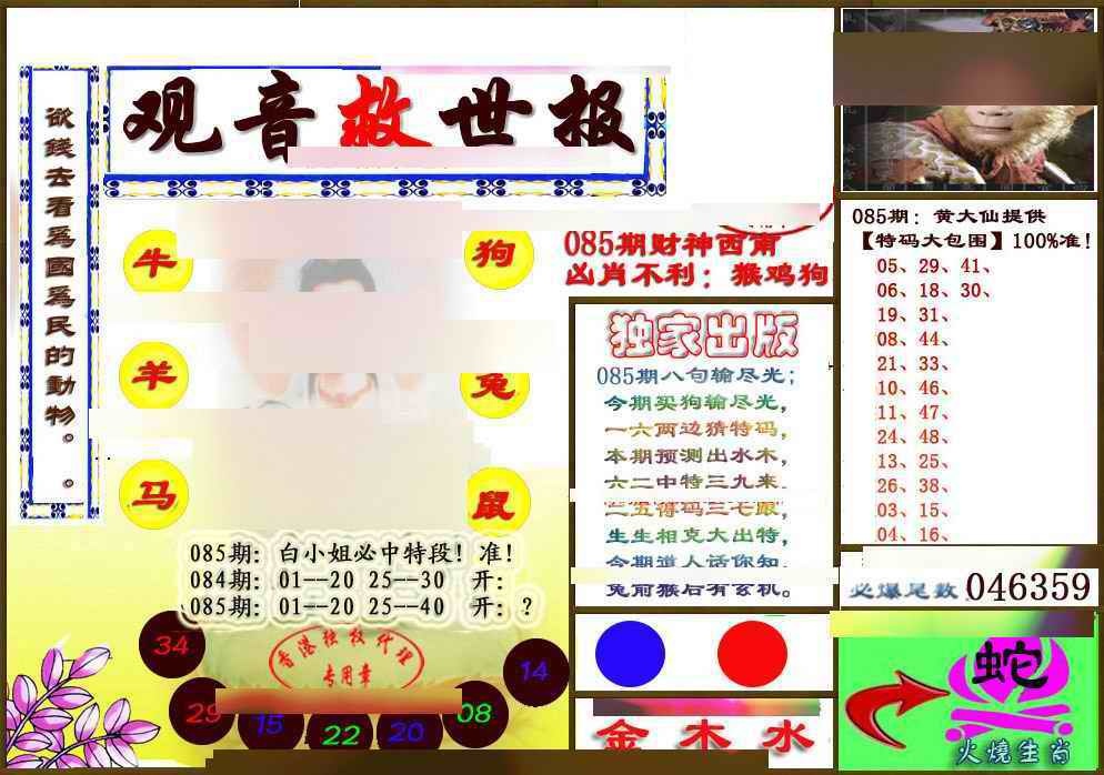 六合彩085期(另版)观音救世密报