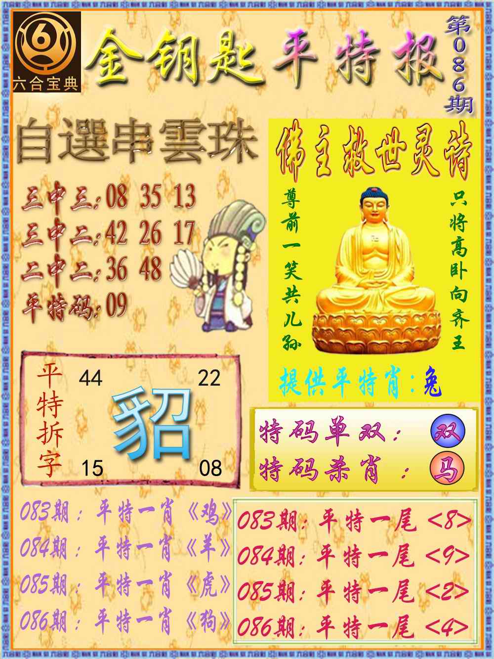 六合彩086期金钥匙平特报