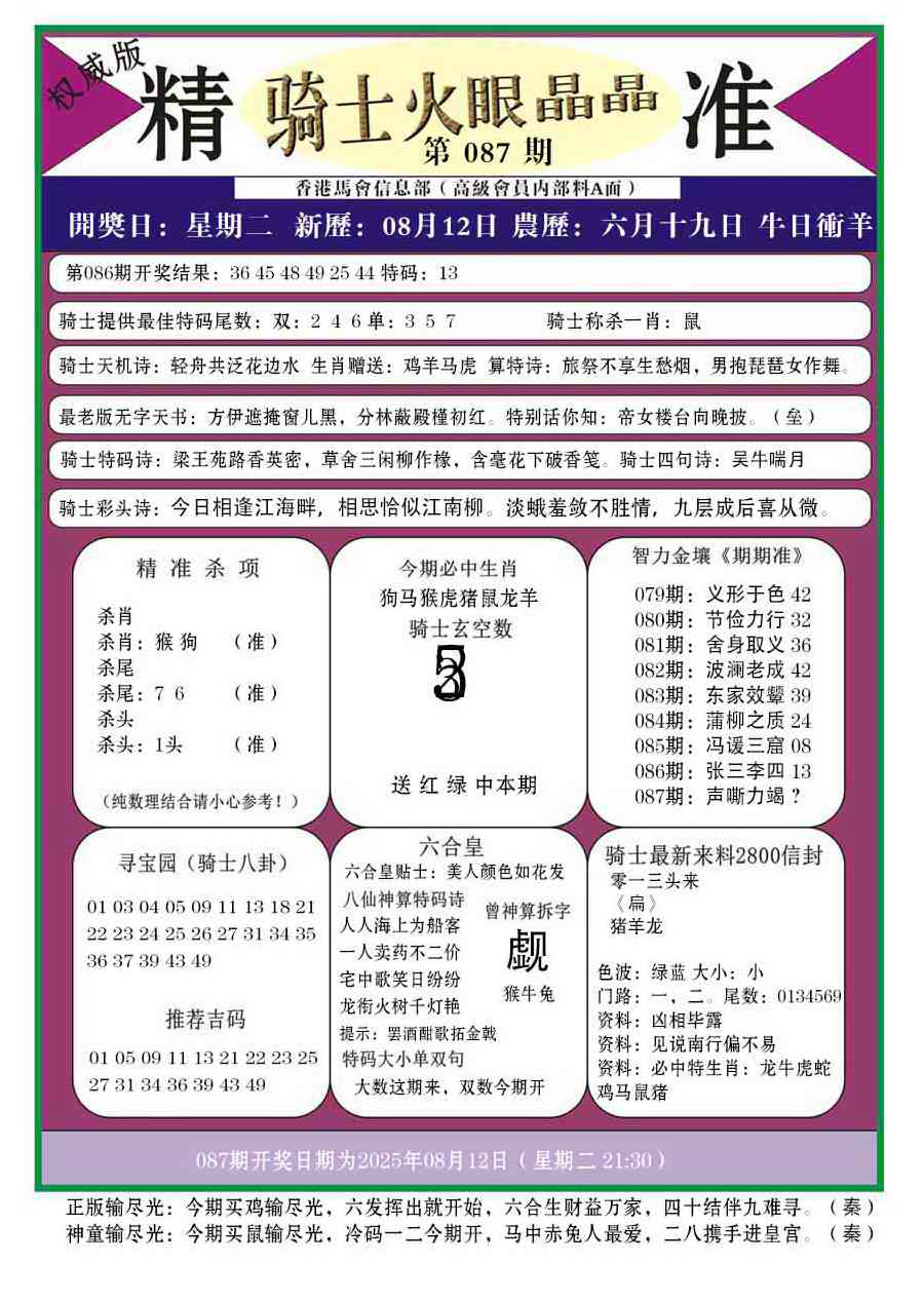 六合彩087期骑士火眼晶晶a