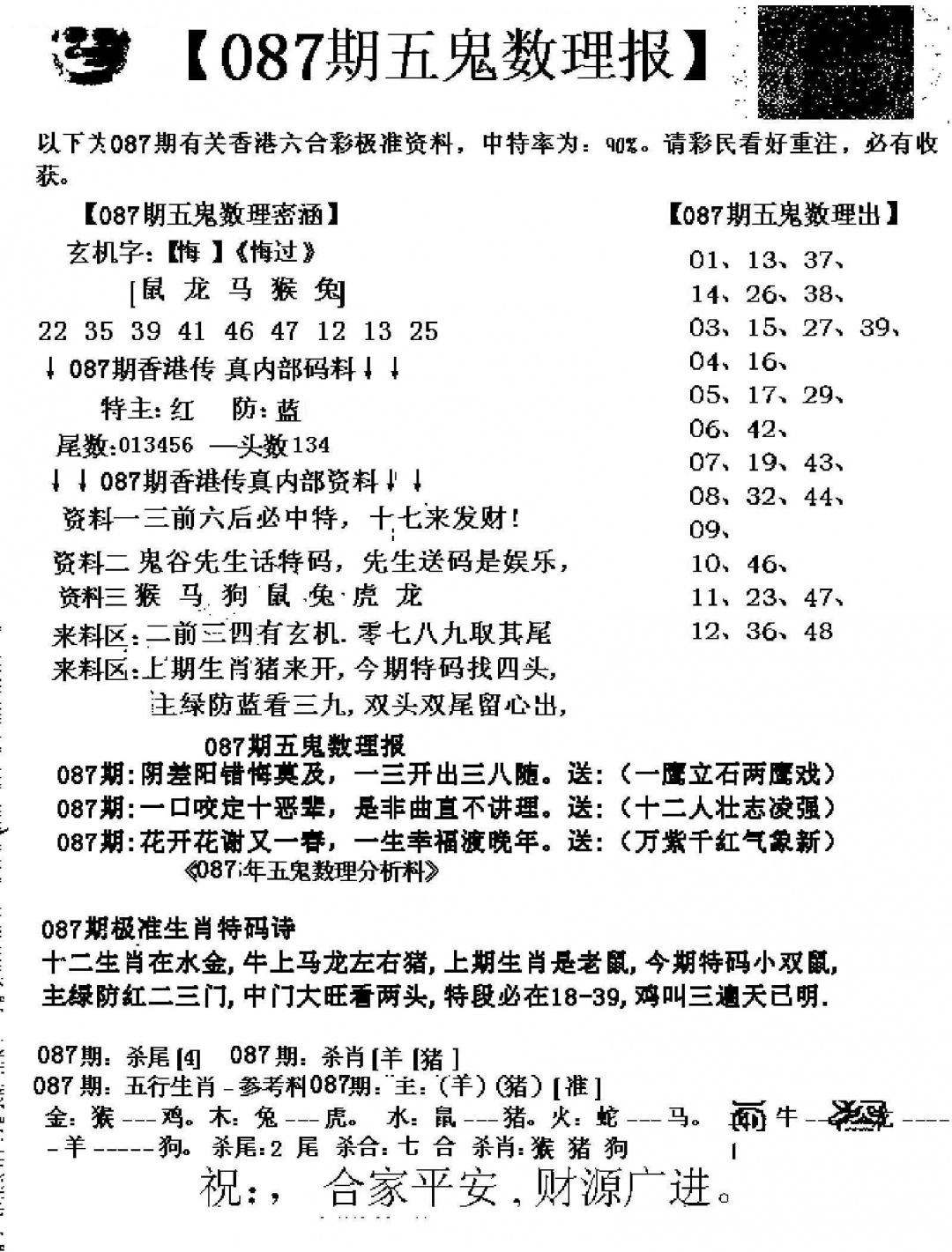 六合彩087期五鬼数理报