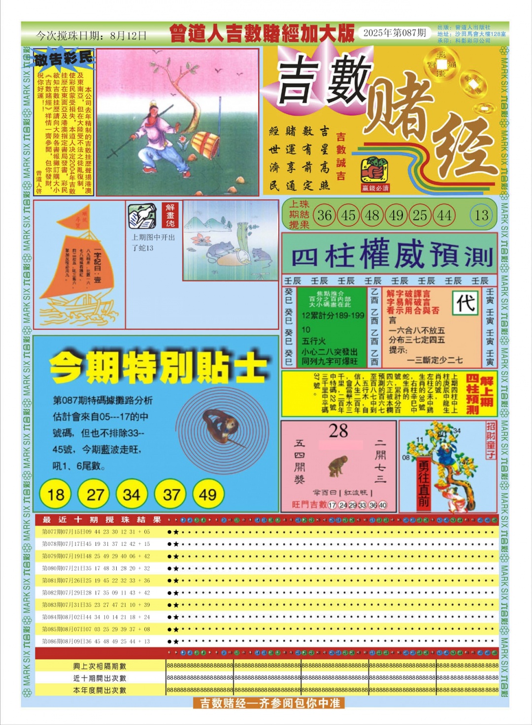 六合彩087期曾道人吉数赌经A加大版