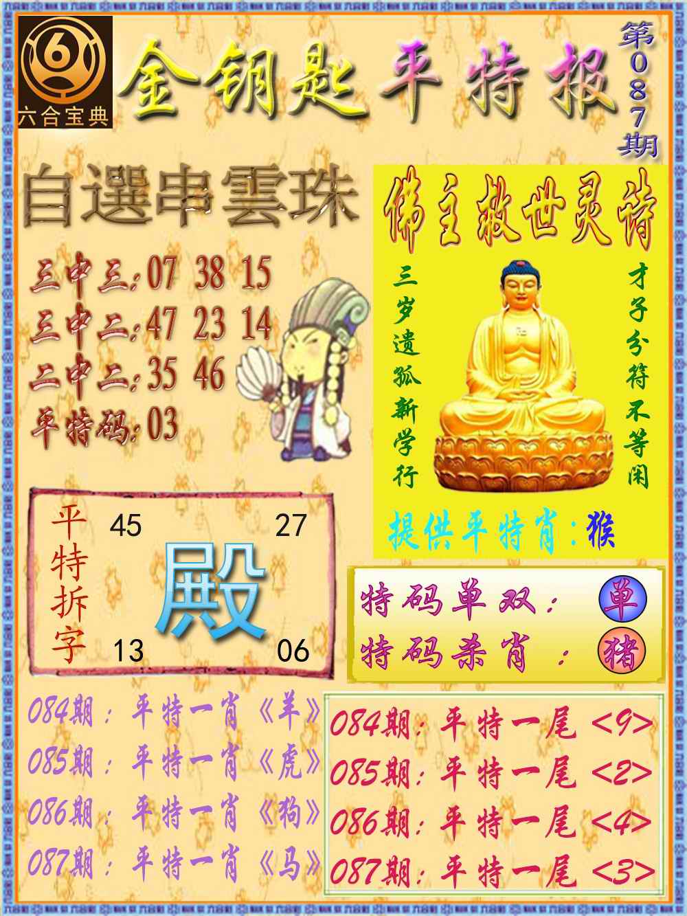 六合彩087期金钥匙平特报