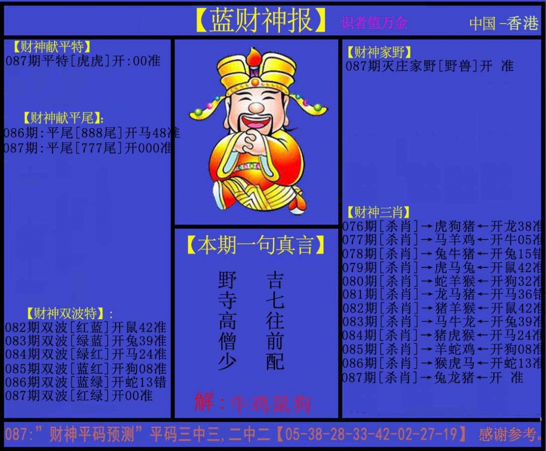 六合彩087期蓝财神