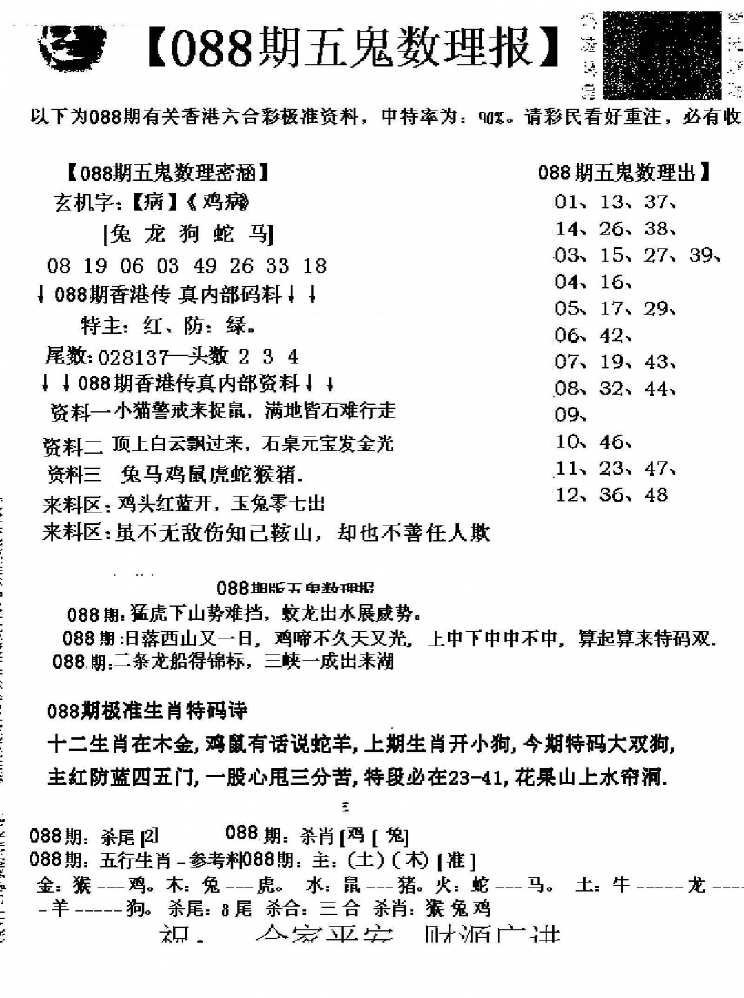六合彩088期五鬼数理报